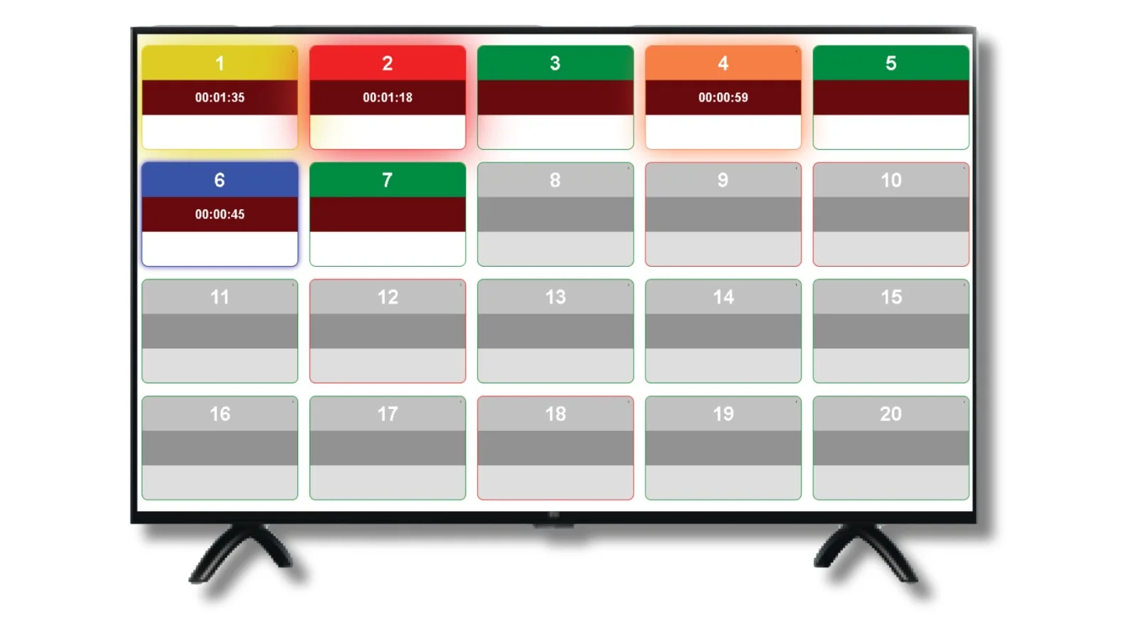 Nurse call smart TV display showing bed calls with response timers